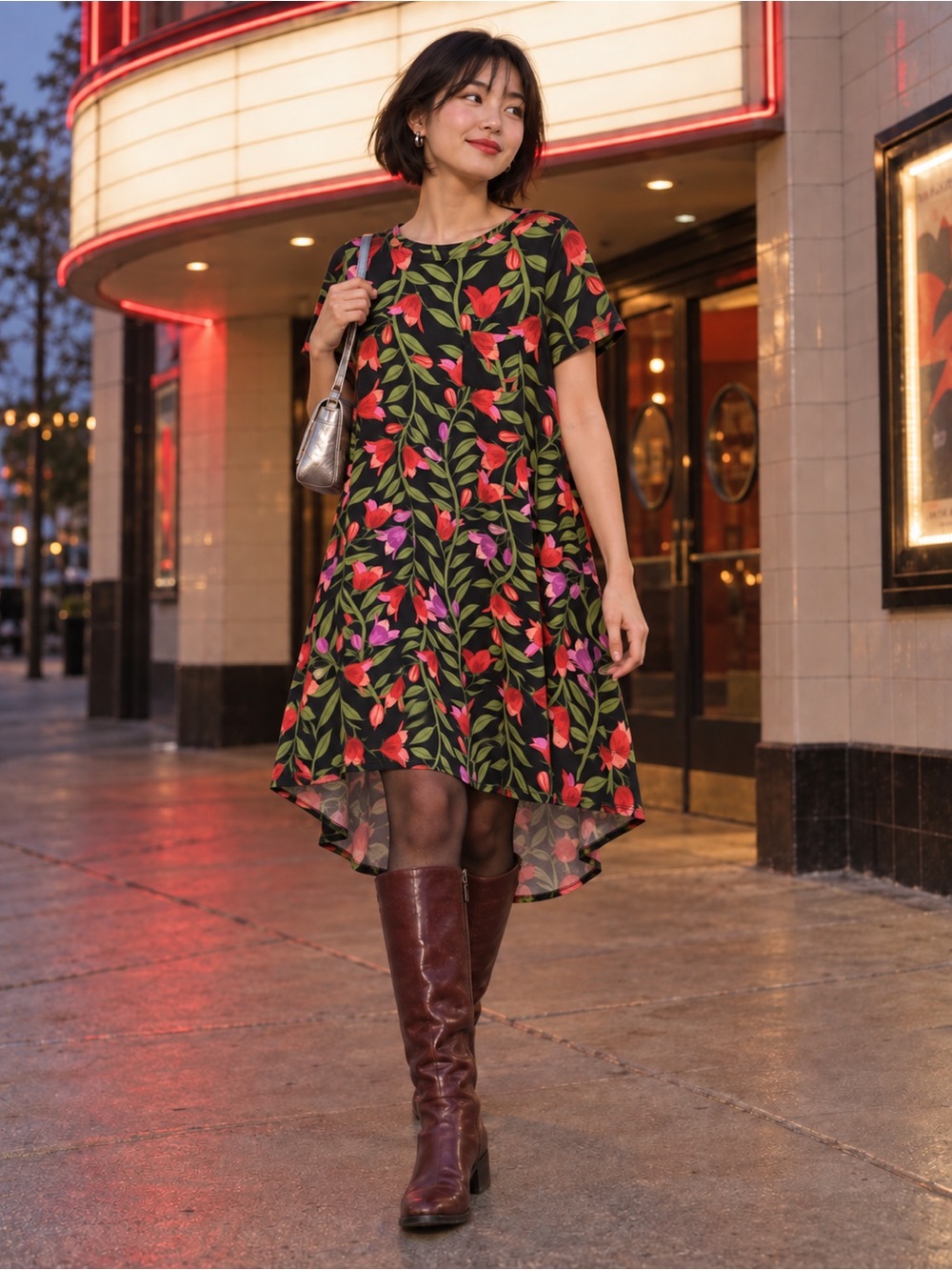 LuLaRoe Black Floral Hi-Low Dress with Red & Pink Blooms